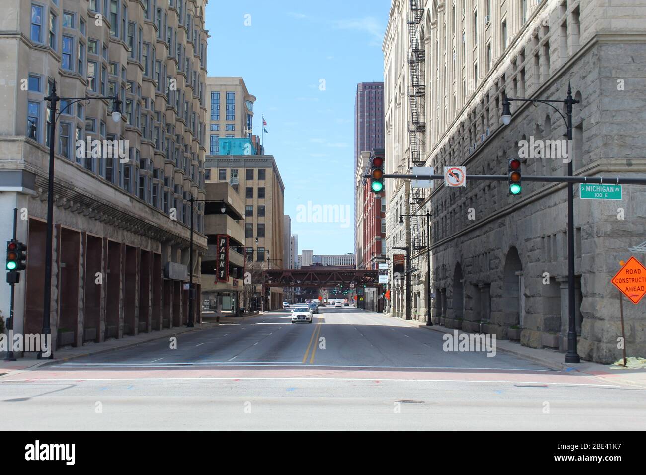 Nearly deserted Ida B. Wells Drive in downtown Chicago during the COVD-19 shelter-in-place order Stock Photo