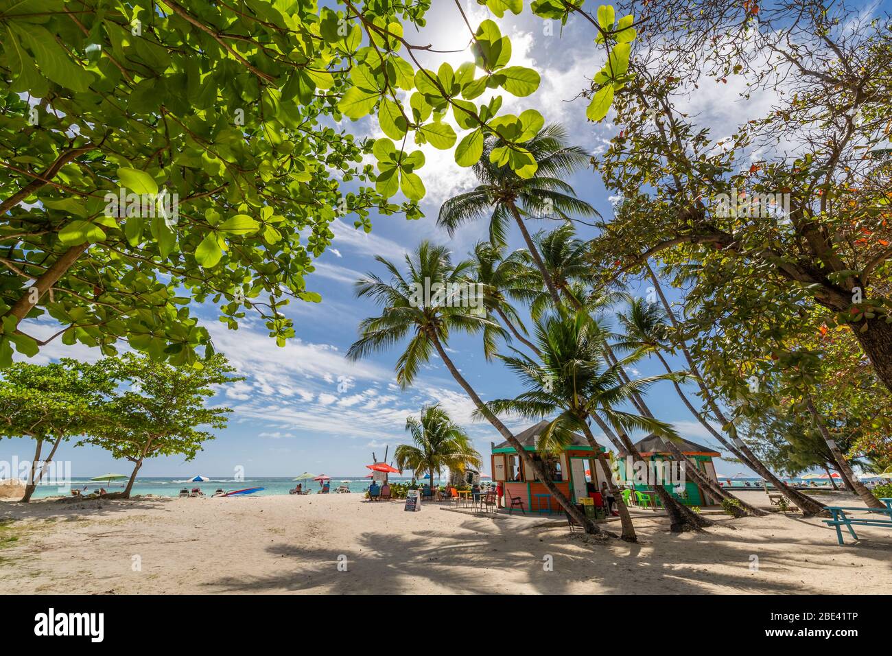 View of palm tree fringed Worthing Beach, Barbados, West Indies, Caribbean, Central America Stock Photo