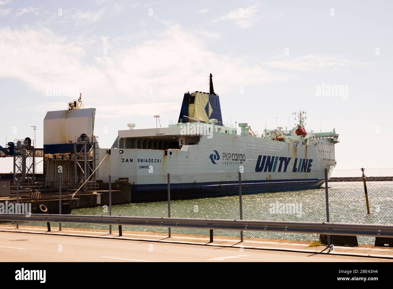 The PKP Cargo Jan Śniadecki Unity Line car and train ferry, docked in Ystad, Sweden, before sailing to Swinoujscie, Poland, across the Baltic Sea. Stock Photo