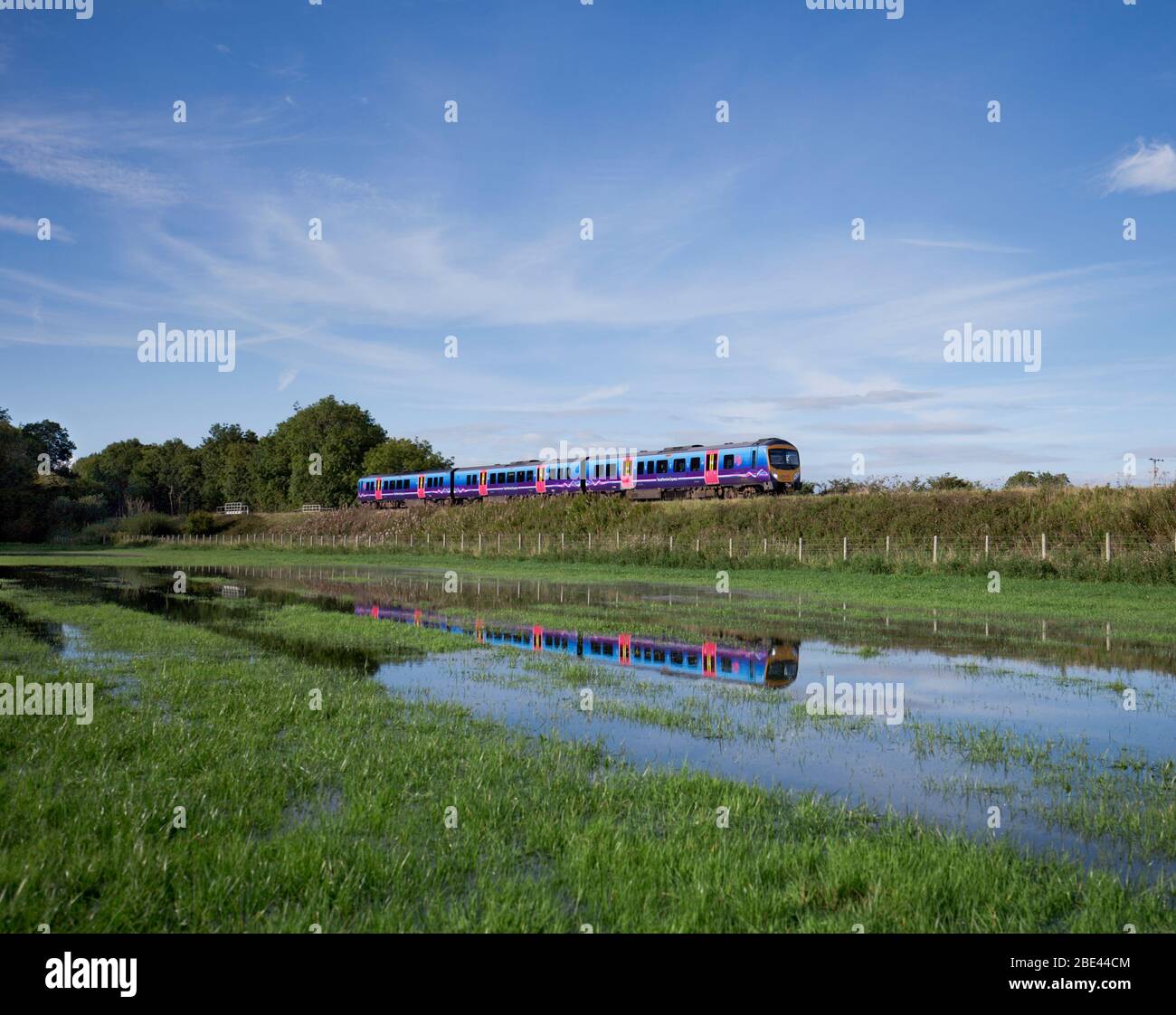 First Transpennine Express Siemens Desiro class 185 train reflected in a flooded field Stock Photo