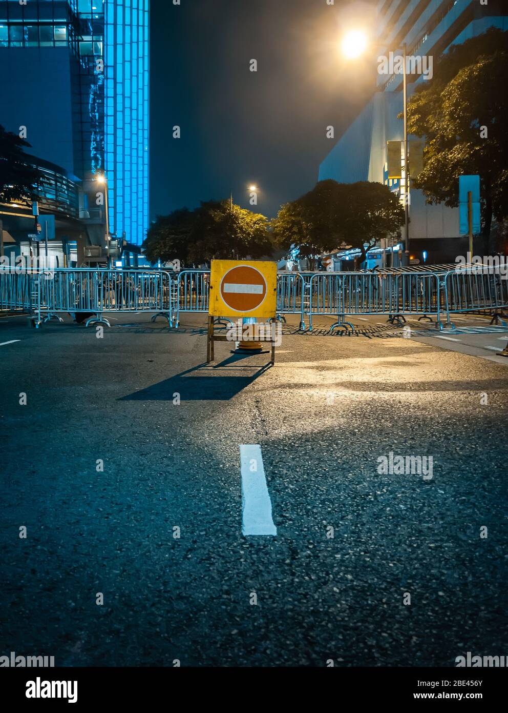 No Entry Sign in Empty Street at Night during Occupy Central Student Protest for Democracy, Hong Kong Stock Photo