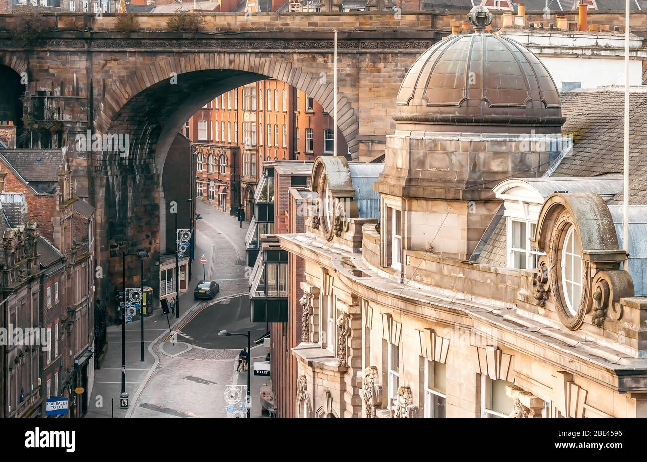 Rooftop View of Georgian Sandstone Architecture along Side and Dean Street from Tyne Bridge in Newcastle upon Tyne, UK Stock Photo