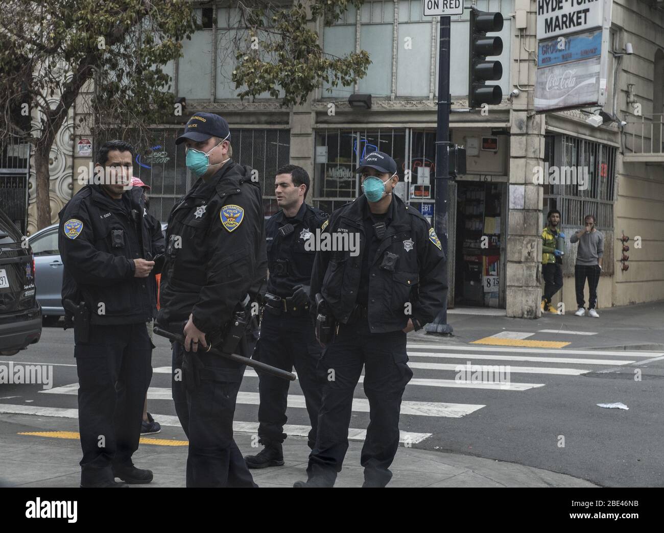 Hayward, USA. 11th Apr, 2020. Police both masked and unmasked patrol in the Tenderloin District of San Francisco on Saturday, April 11, 2020. Authorities are searching for locations for the thousands of the city's homeless to shelter during the coronavirus pandemic. Photo by Terry Schmitt/UPI Credit: UPI/Alamy Live News Stock Photo