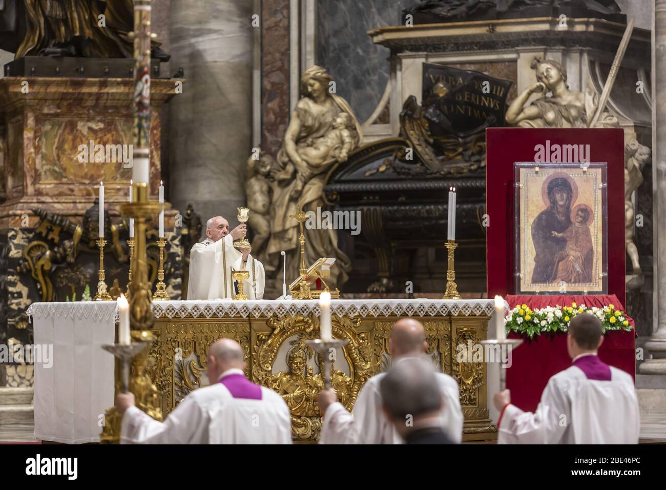 Vatican, Vatican City. 11th Apr, 2020. Pope Francis presides over Easter's Holy Saturday Vigil held behind closed doors at St. Peter's Basilica in the Vatican on Saturday, April 11, 2020, during the lockdown aimed at curbing the spread of the COVID-19 infection. Pool Photos by Possolo/Spaziani/UPI Credit: UPI/Alamy Live News Stock Photo