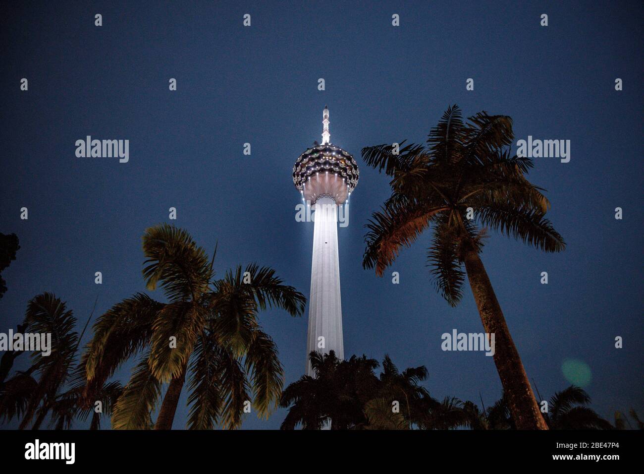 Kuala Lumpur communication tower and palms in a night view from a park - Torre de comunicaciones y palmeras en una vista nocturna desde un parque Stock Photo