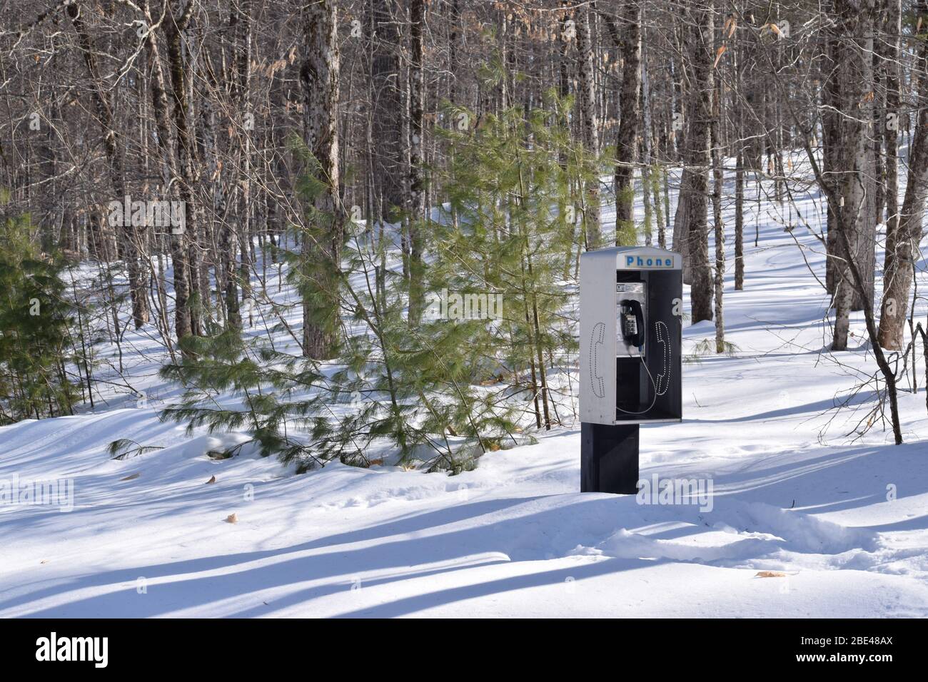 Vintage public phone booth in a remote forest during the winter. Communication technology in a park on a snowy day. Stock Photo