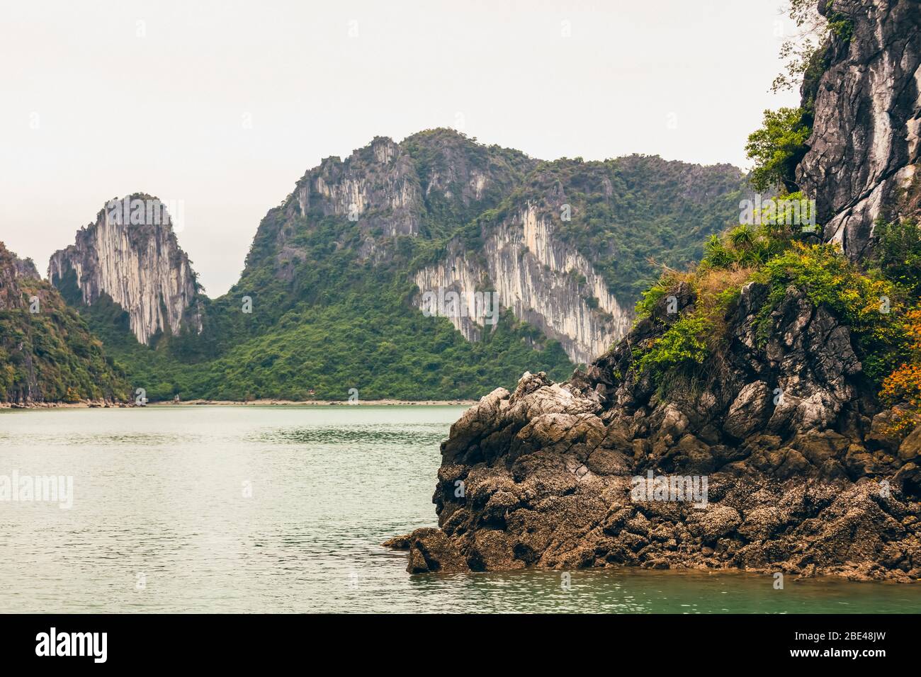 Water and foliage covered limestone formations, Ha Long Bay; Quang Ninh Province, Vietnam Stock Photo