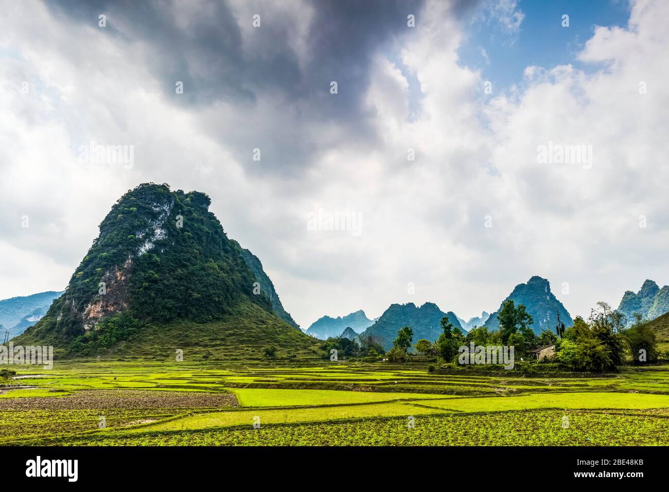 Fields and limestone karsts; Cao Bang, Cao Bang Province, Vietnam Stock Photo