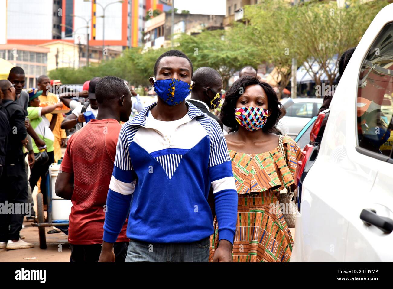 Yaounde. 9th Apr, 2020. People wear cloth face masks to protect themselves against the COVID-19 in Yaounde, Cameroon on April 9, 2020. Recently, the wearing of a protective mask has become mandatory for all Cameroonians wishing to approach certain hospitals and public services, like the General Hospital of Yaounde, and government bodies in the country's southwest region. Credit: Jean Pierre Kepseu/Xinhua/Alamy Live News Stock Photo