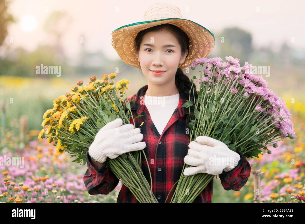 beautiful woman holding flower in garden Stock Photo - Alamy