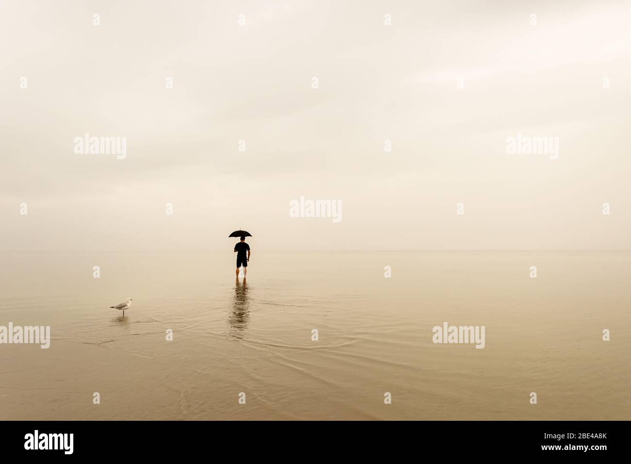 Man standing on a beach with an umbrella in the rain. Copy space for inspiration quote or text Stock Photo