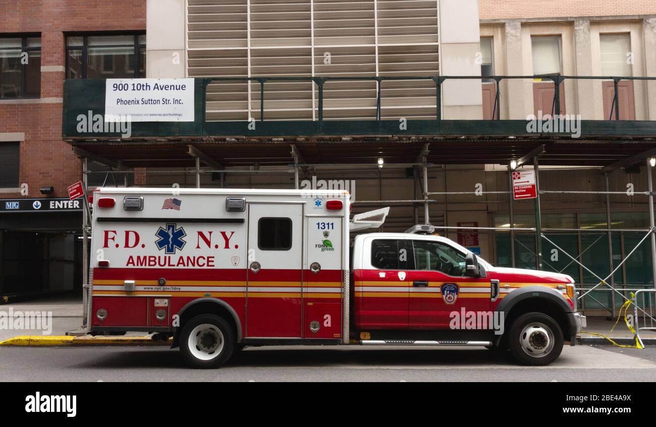 a Fire Department of New York or FDNY ambulance standing outside Mount Sinai West Hospital in midtown west of Manhattan Stock Photo
