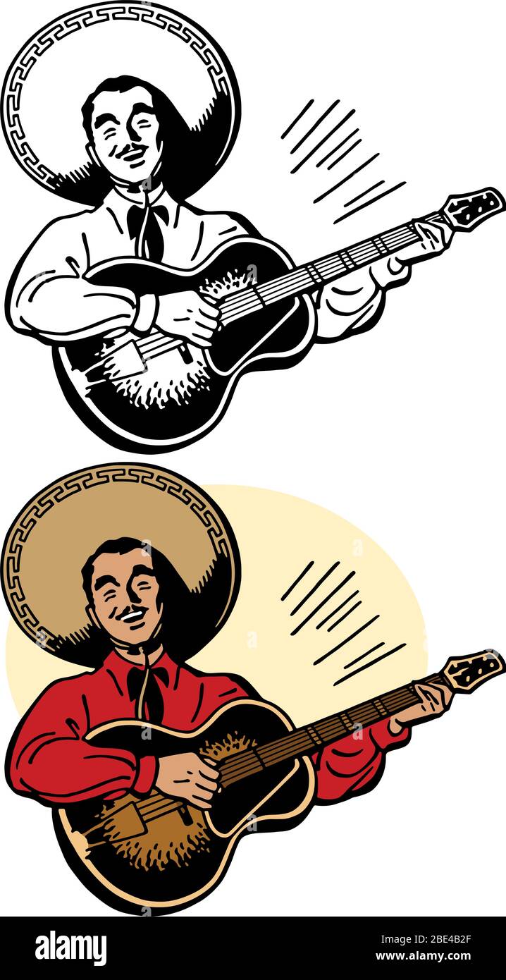 A drawing of a Mexican man in a sombrero playing guitar in a Mariachi band. Stock Vector