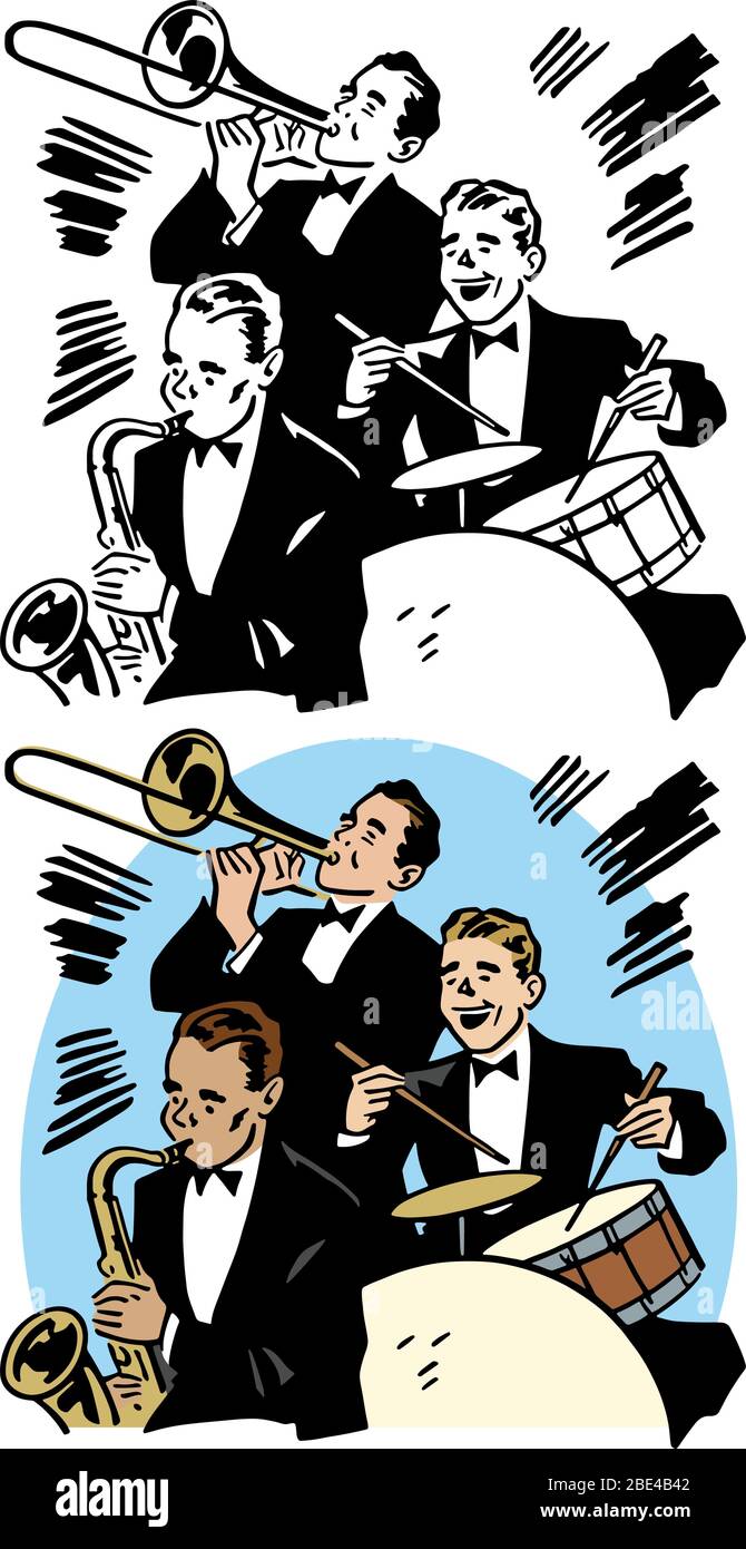 A cartoon of a big band orchestra performing with a trombone a saxophone and a drum Stock Vector