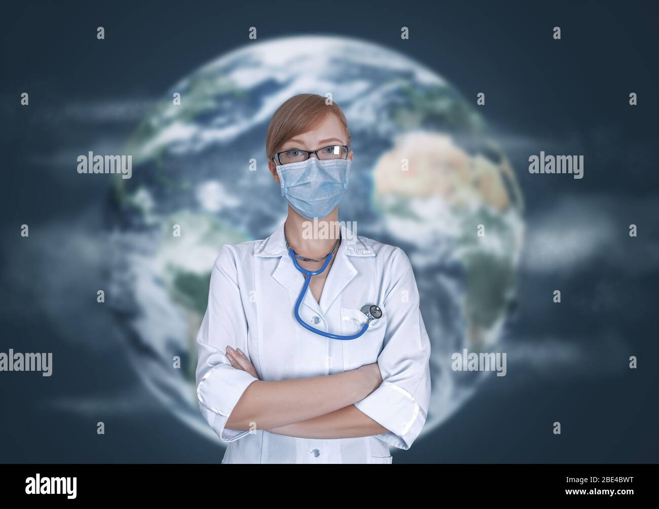 Concept of medical doctors fighting against global pandemic virus. Portrait of young woman in medical uniform and mask protect world from corona virus Stock Photo