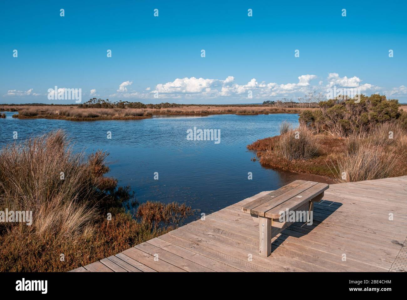 Empty wooden bench near lake in Australia Stock Photo