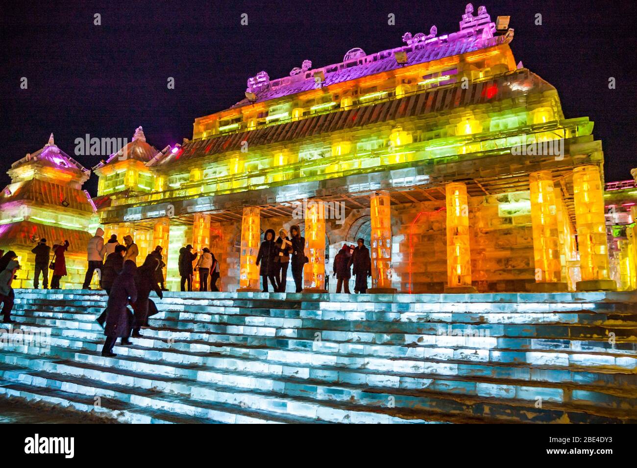 An ice sculpture of a traditional Chinese building at Snow & Ice World in Harbin, Heilongjiang Province, China. Stock Photo