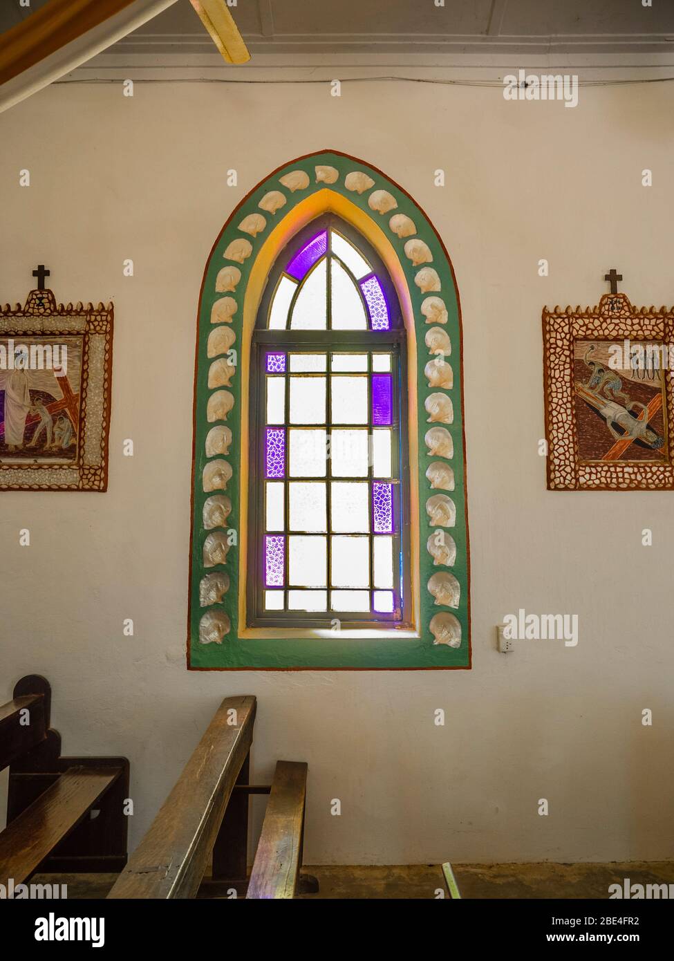 MotherofPearlframed stained glass window, Beagle Bay Church, Dampier