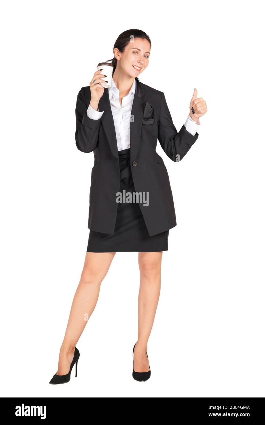 Young women in black suit with a smile holding a cup of coffee ...