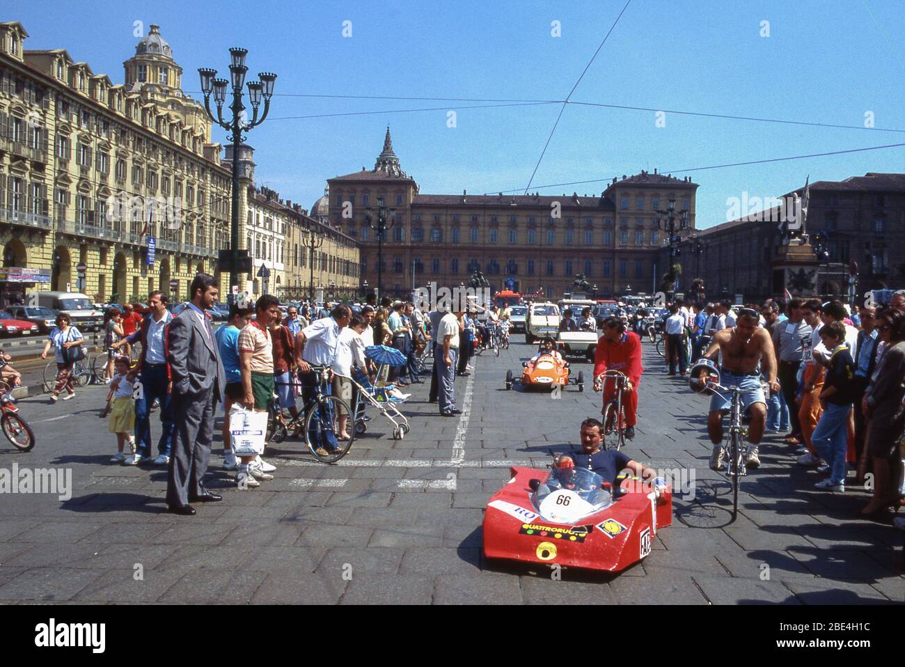 Turin, Italy - July 1988: First italian parade of ecological cars. They are pedal cars or models equipped with solar collector. Stock Photo