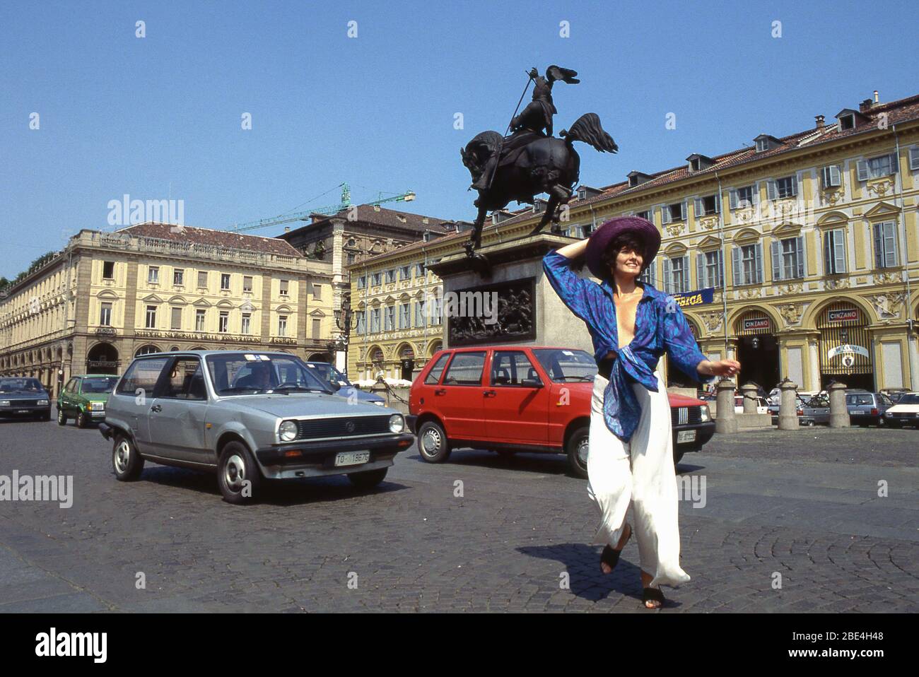 Turin, Italy - September 1988: Piazza San Carlo before being closed to the traffic. Stock Photo