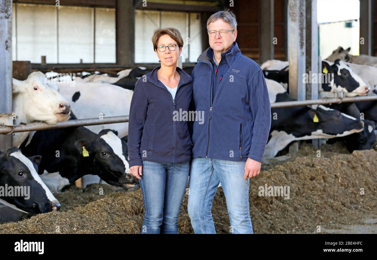 06 April 2020, Mecklenburg-Western Pomerania, Jördenstorf: Astrid and Henning Helms stand next to dairy cows in a barn on their farm. The milk price is once again in the basement for producers. From the point of view of farmer Henning Helms, the trade is abusing its market power. The Federal Association of German Dairy Farmers (BDM) and the Association of Free Farmers see one of the reasons in the Corona crisis. Photo: Bernd Wüstneck/dpa-Zentralbild/ZB Stock Photo