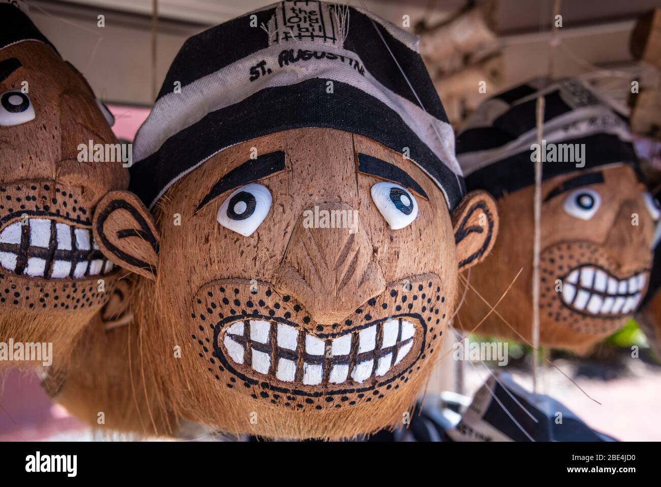 Jailbird carved coconut heads at the Old Jail Museum in Old Town St. Augustine, Florida. (USA) Stock Photo