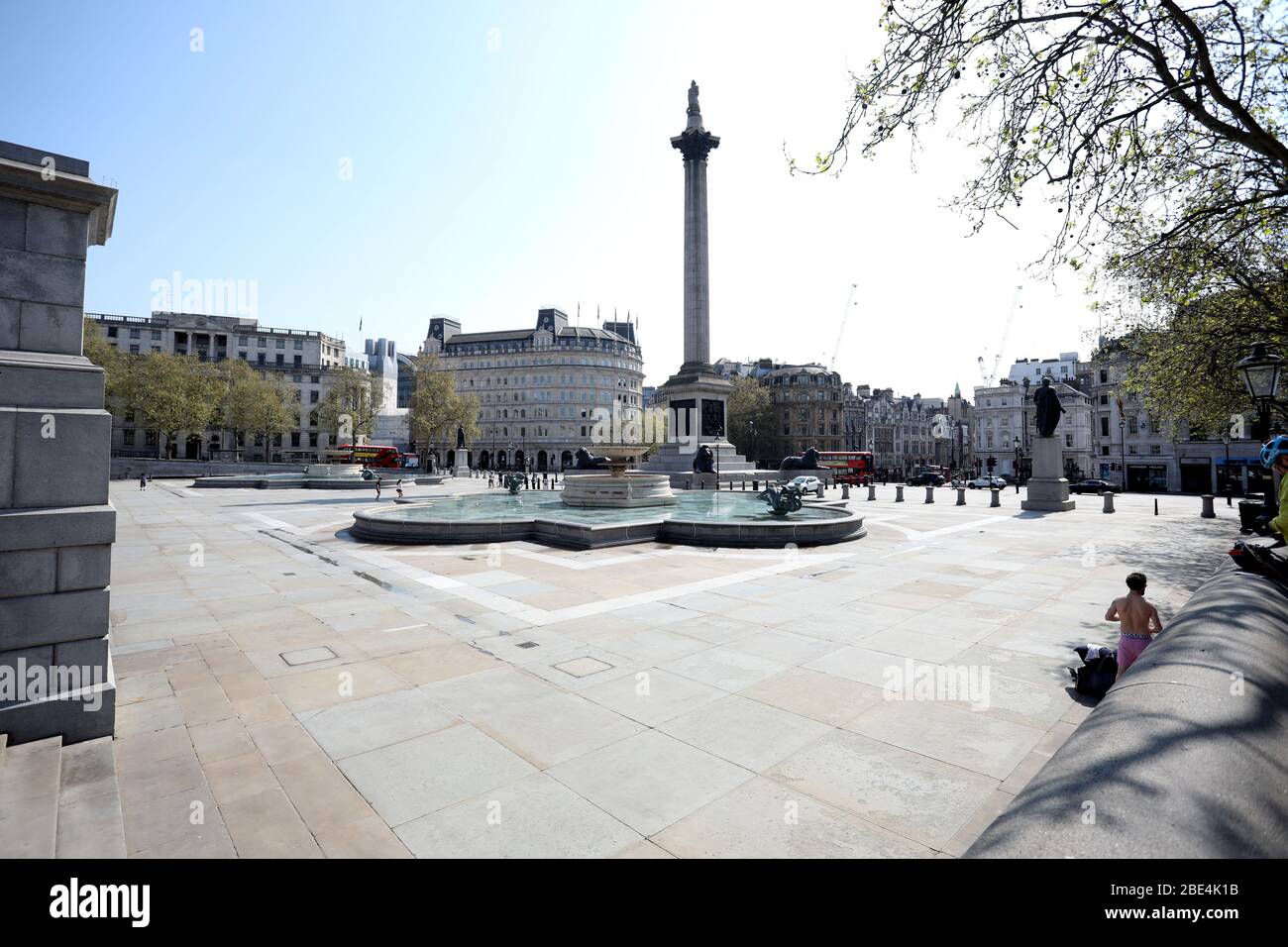 London, UK. 11th Apr, 2020. Day Nineteen of Lockdown in London.  A deserted Trafalgar square in London on Easter Saturday. It is the first public holiday of the year, and many people enjoy the long weekend by going out and about or on holiday, but this year the country is on lockdown due to the COVID-19 Coronavirus pandemic. People are not allowed to leave home except for minimal food shopping, medical treatment, exercise - once a day, and essential work.  COVID-19 Coronavirus lockdown, London, UK, on April 11, 2020 Credit: Paul Marriott/Alamy Live News Stock Photo