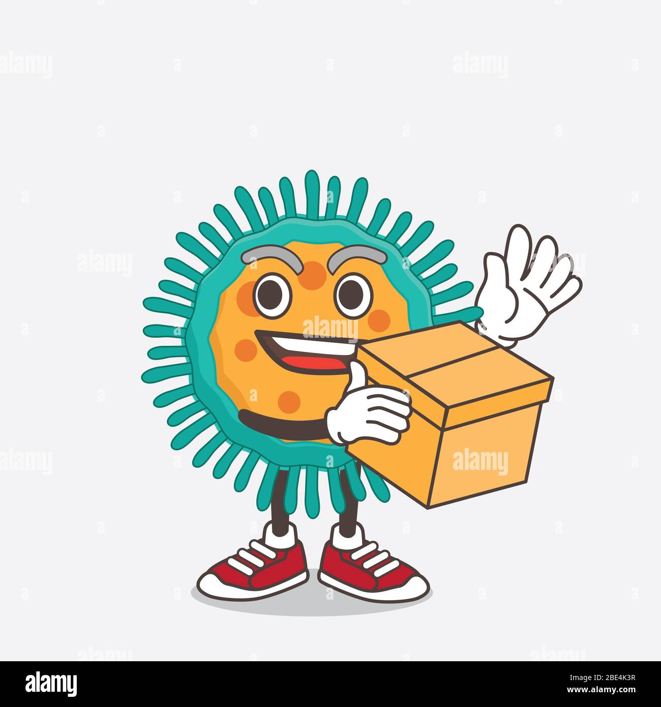 An illustration of Blue Virus cartoon mascot character holding a box ...