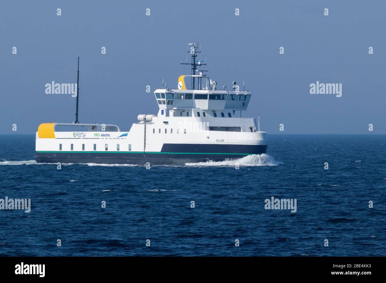 The 100 percent electric propelled domestic car and passenger ferry ELLEN passes Skjoldnæs on the northernmost tip of the Danish island Ærø. Stock Photo