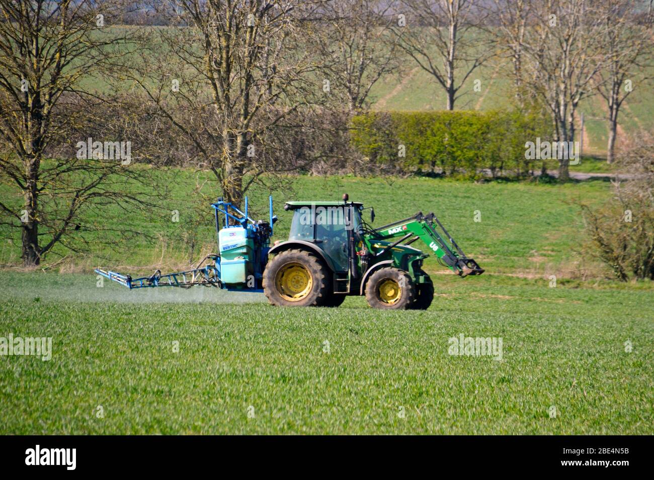 Tractor spraying crops in a field in Haddenham, Buckinghamshire, UK Stock Photo