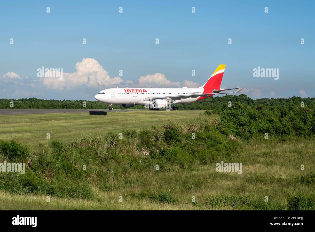 Frankfurt Germany 18.11.19 Iberia spanish Airline airplane jet being starting on the airport ready for takeoff. Stock Photo