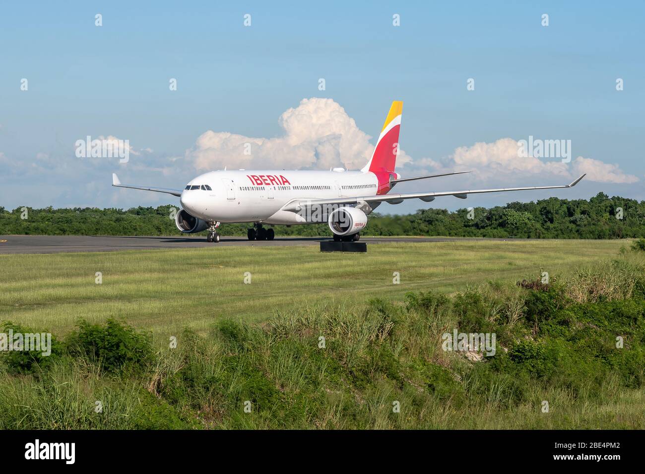 Frankfurt Germany 18.11.19 Iberia spanish Airline airplane jet being starting on the airport ready for takeoff. Stock Photo