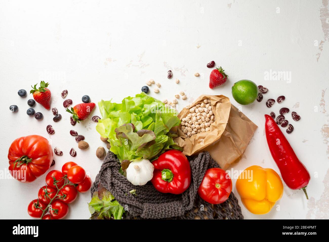 Groceries shopping nowaste bag with healthy food top view Stock Photo ...