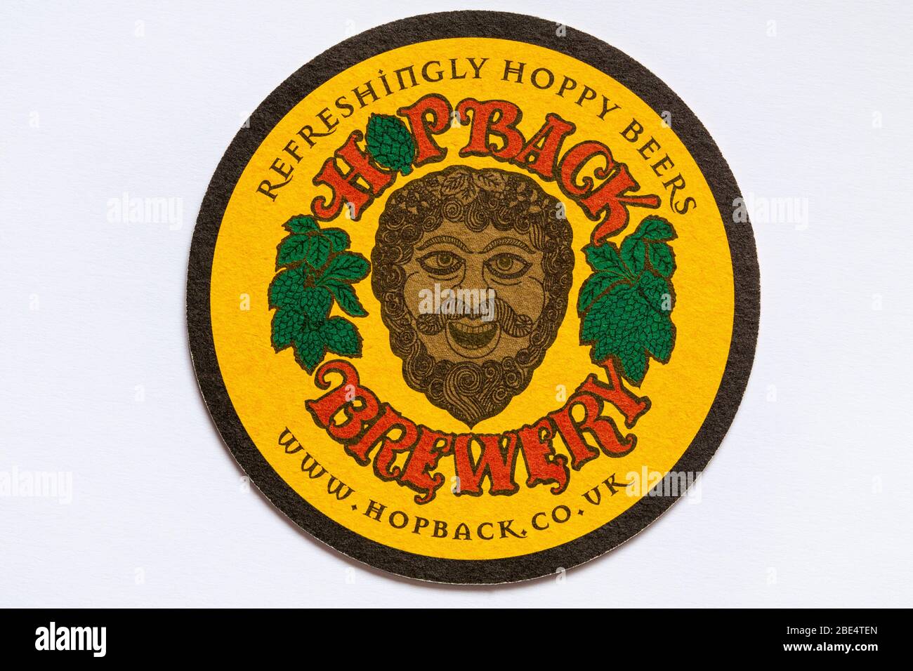 Refreshingly Hoppy Beers Hopback Brewery beer mat coaster isolated on white background - for other side of coaster see  2BE4TJH Stock Photo