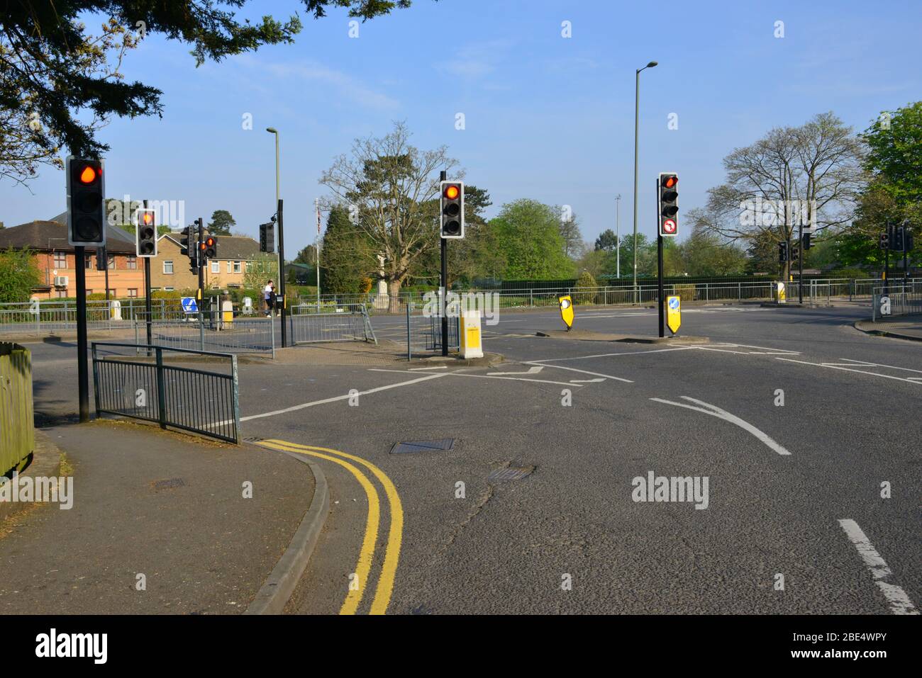 Empty traffic light during the Covid-19 Lock down in Horley, Surrey.  Being within 1 mile from Gatwick airport these lights are normally very busy. Stock Photo