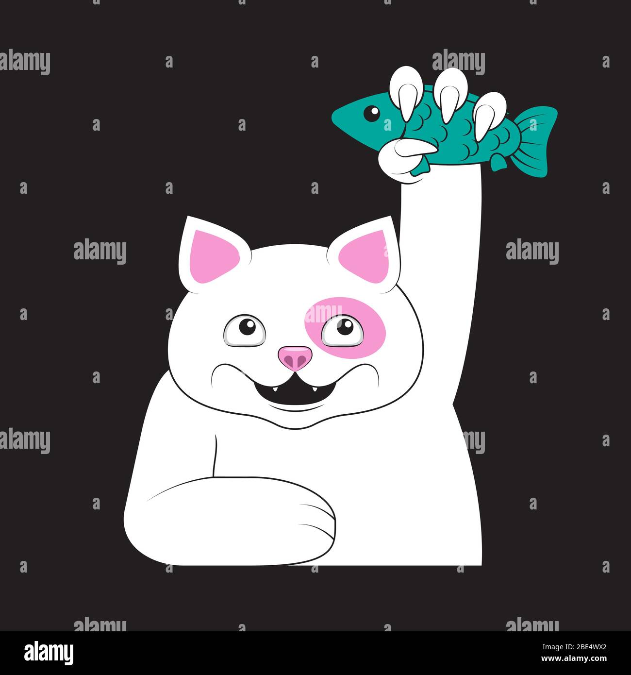 A cat holds a fish in its paw on a black isolated background. Vector ...