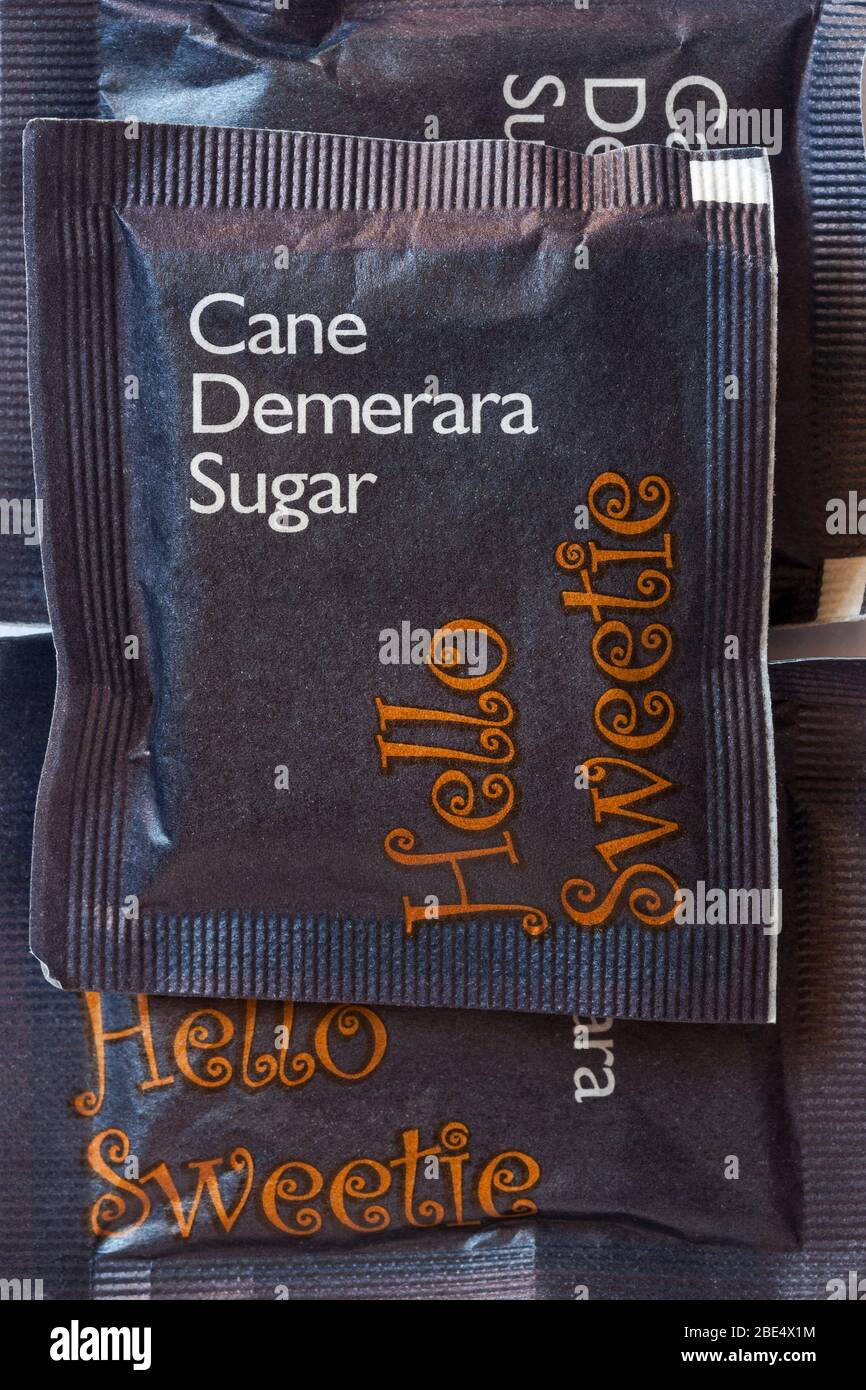 Hello Sweetie Cane Demerara Sugar sachets Stock Photo Alamy
