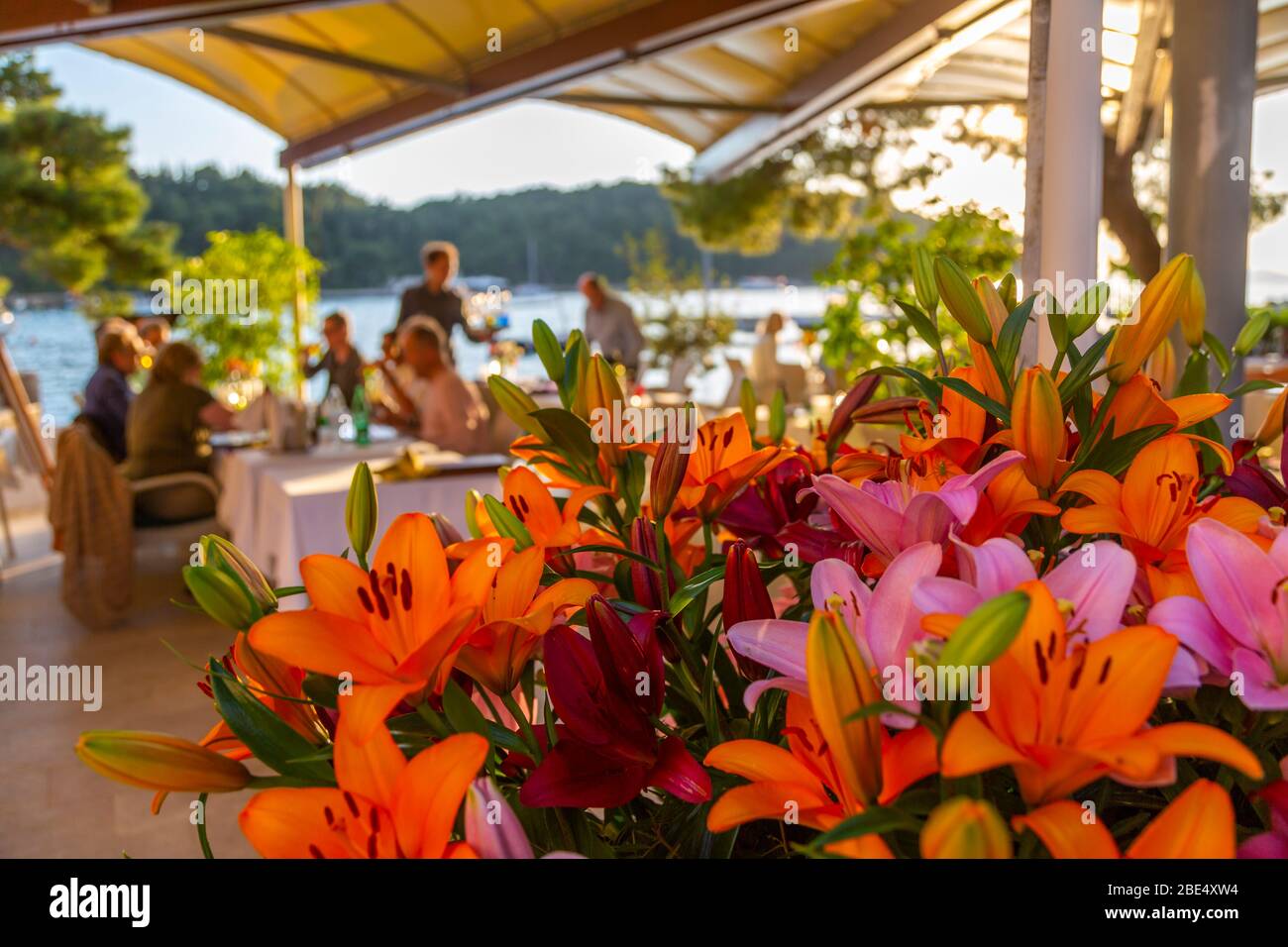 View of restaurant at sunset in Cavtat on the Adriatic Sea, Cavtat, Dubronick Riviera, Croatia, Europe Stock Photo