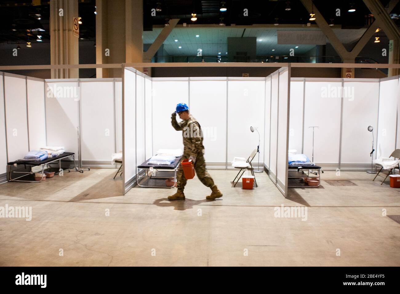 CHICAGO, USA - 31 March 2020 - Members of the Illinois Air National Guard assemble medical equipment at the McCormick Place Convention Center in respo Stock Photo