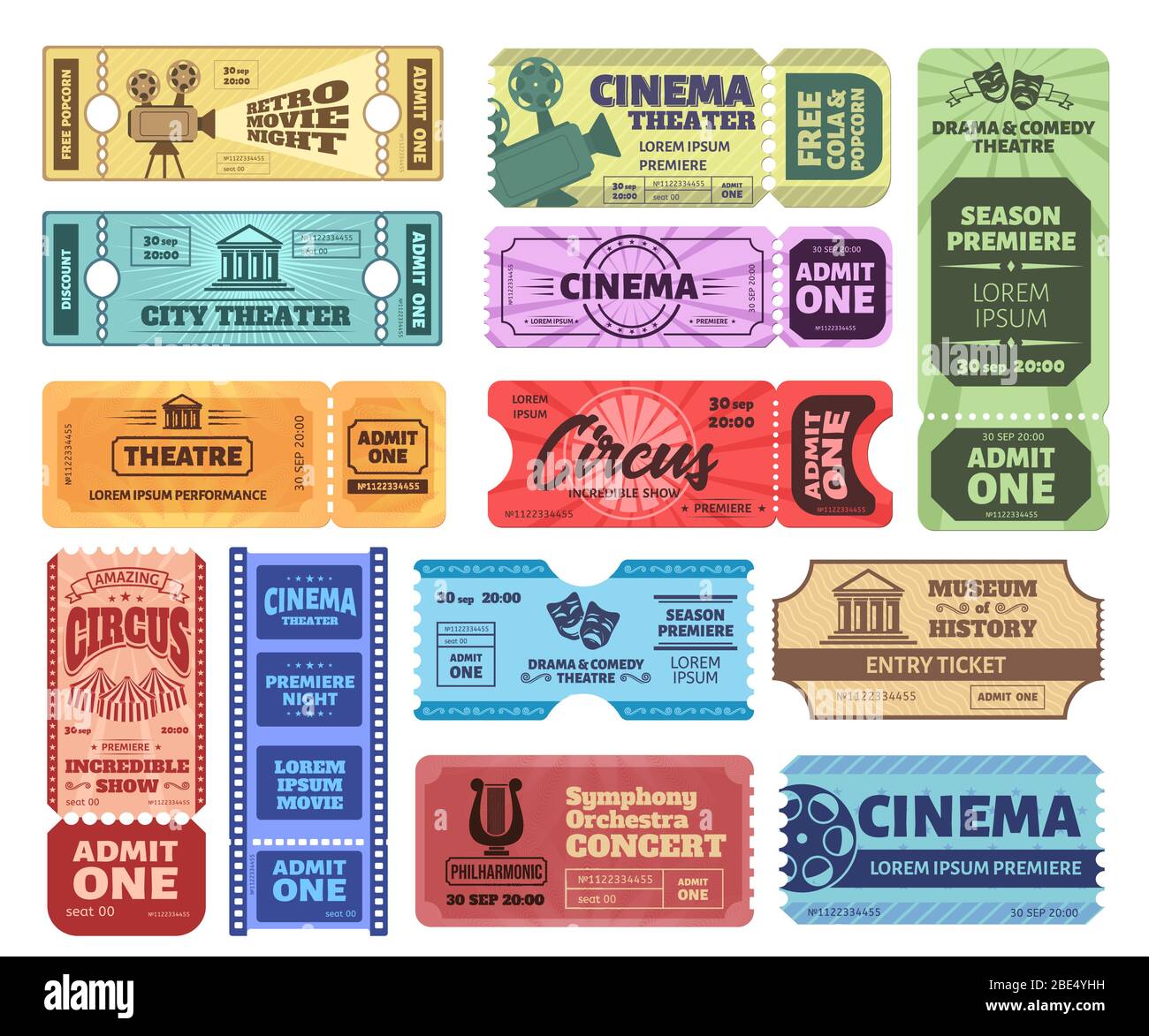 Vintage tickets. Admit one ticket on circus show, cinema movie night admission coupon and theatre tickets vector set. Collection of retro colorful Stock Vector