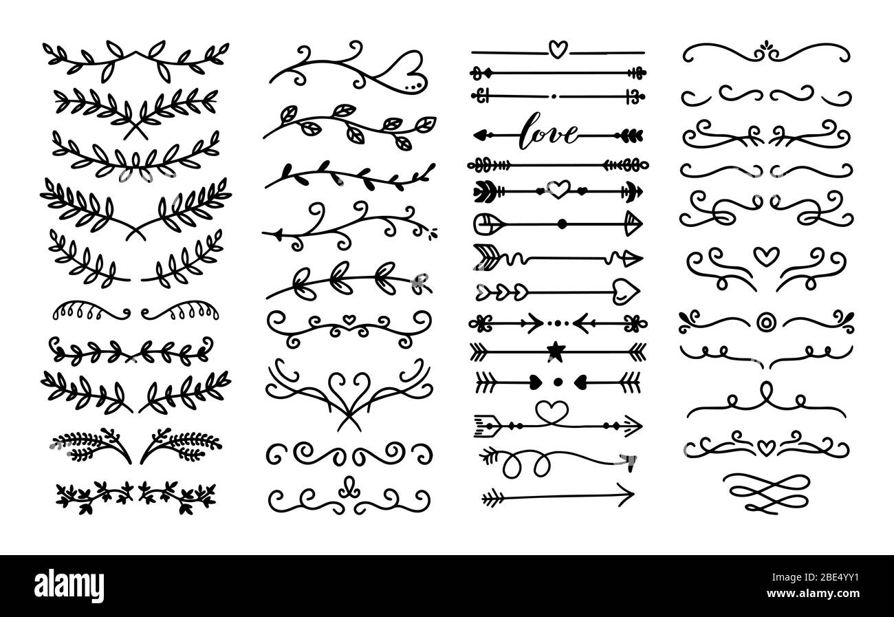Flourish sketch ornament divider. Floral ornamental doodle dividers, vintage hand drawn tribal arrow and calligraphic decor border vector set Stock Vector