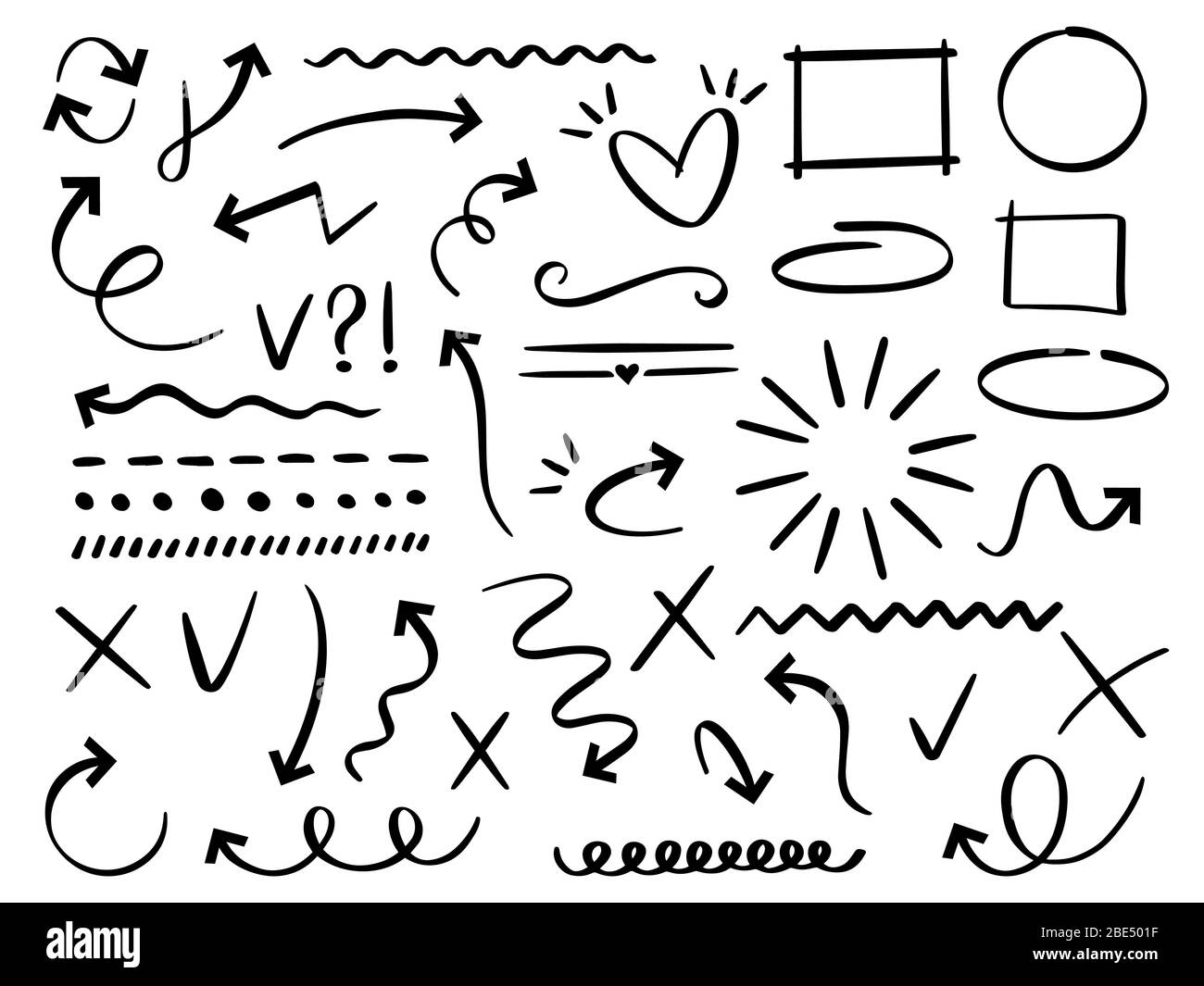 Sketch arrows and frames. Hand drawn arrow, doodle divider and circle, oval and square frame vector set. Collection of different abstract symbols Stock Vector