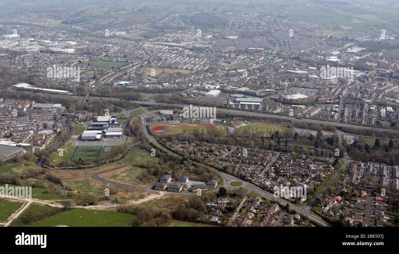 aerial view of Nelson town, Lancashire with Nelson & Colne College prominent near the motorway junction Stock Photo