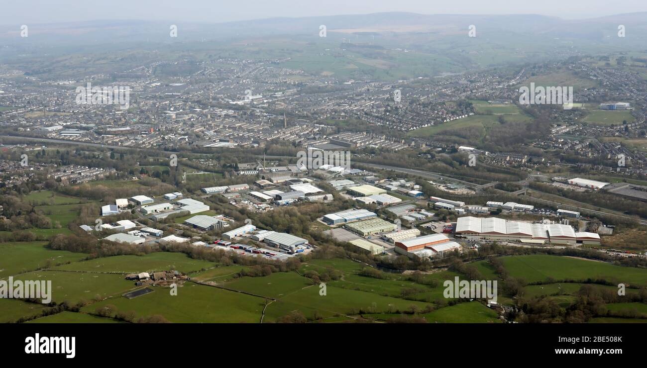 aerial view of Lomeshaye Industrial Estate in Nelson, Lancashire Stock Photo