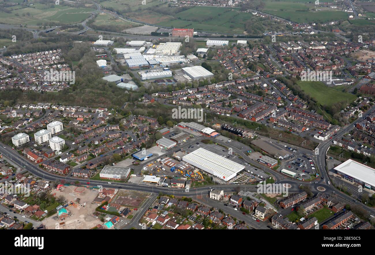 aerial view of Highfield Industrial Estate looking across to North Industrial Estate at junction 8 of the M61, Chorley, Lancashire Stock Photo