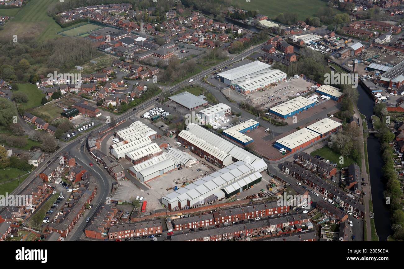 aerial view of various businesses on an estate at Rosebridge Way, Ince-in-Makerfield, Wigan, Lancashire Stock Photo