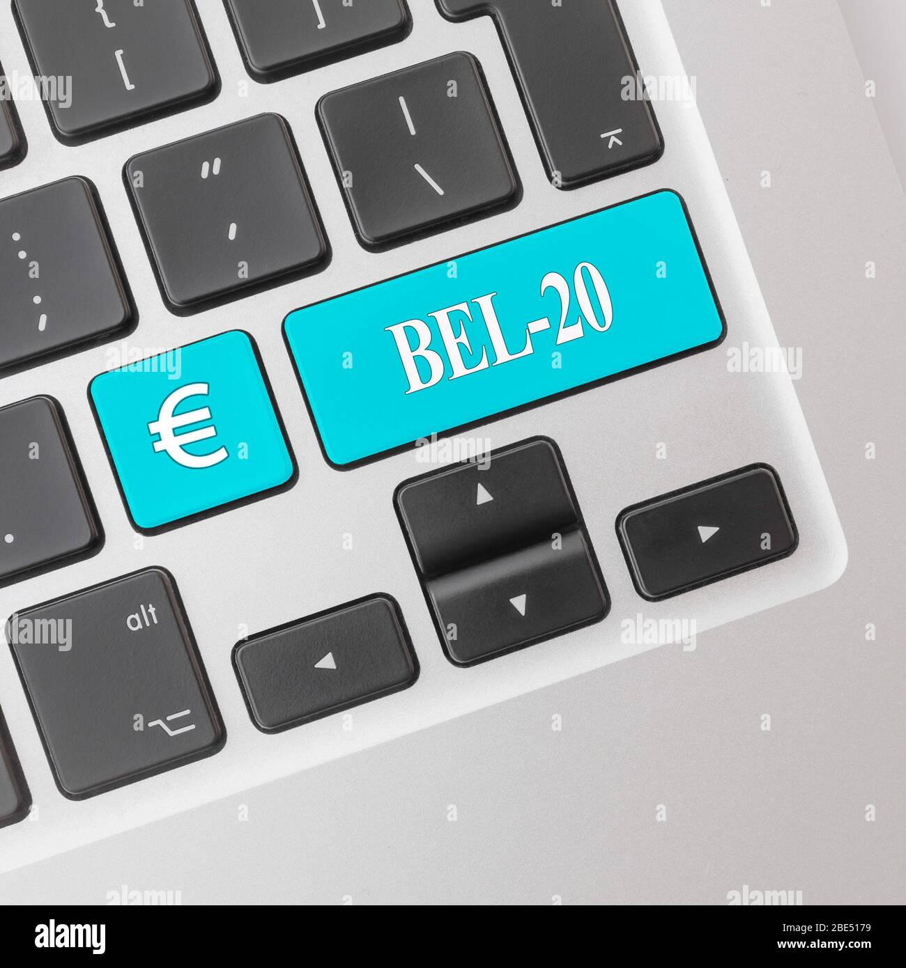 BEL-20 on a computer keyboard. The BEL 20 is the benchmark stock market index of Euronext Brussels. Stock Photo