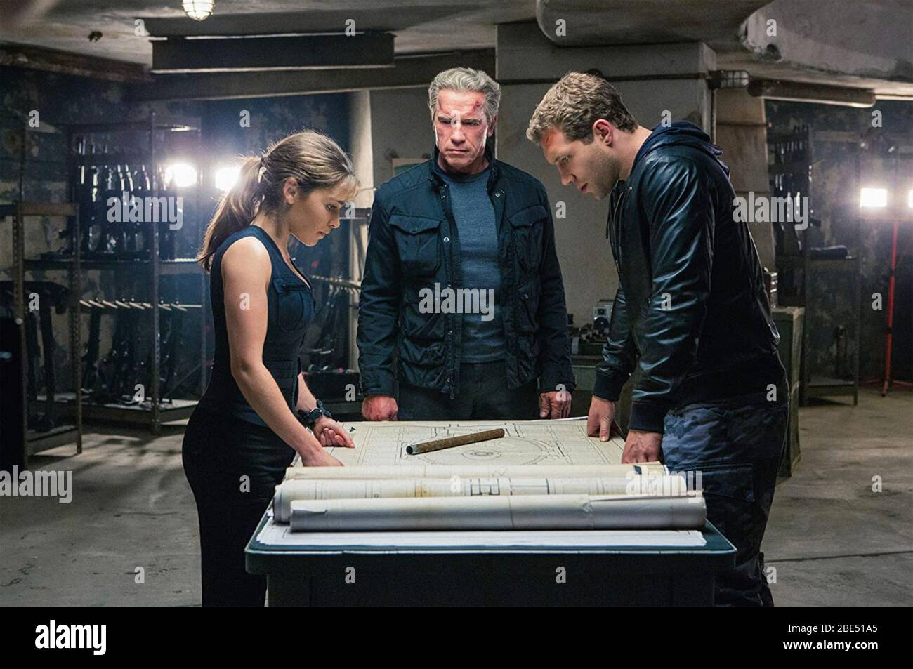 TERMINATOR GENISYS 2015 Paramount Pictures film with from left: Emilia Clarke, Arnold Schwarzenegger, Jai Courtney Stock Photo