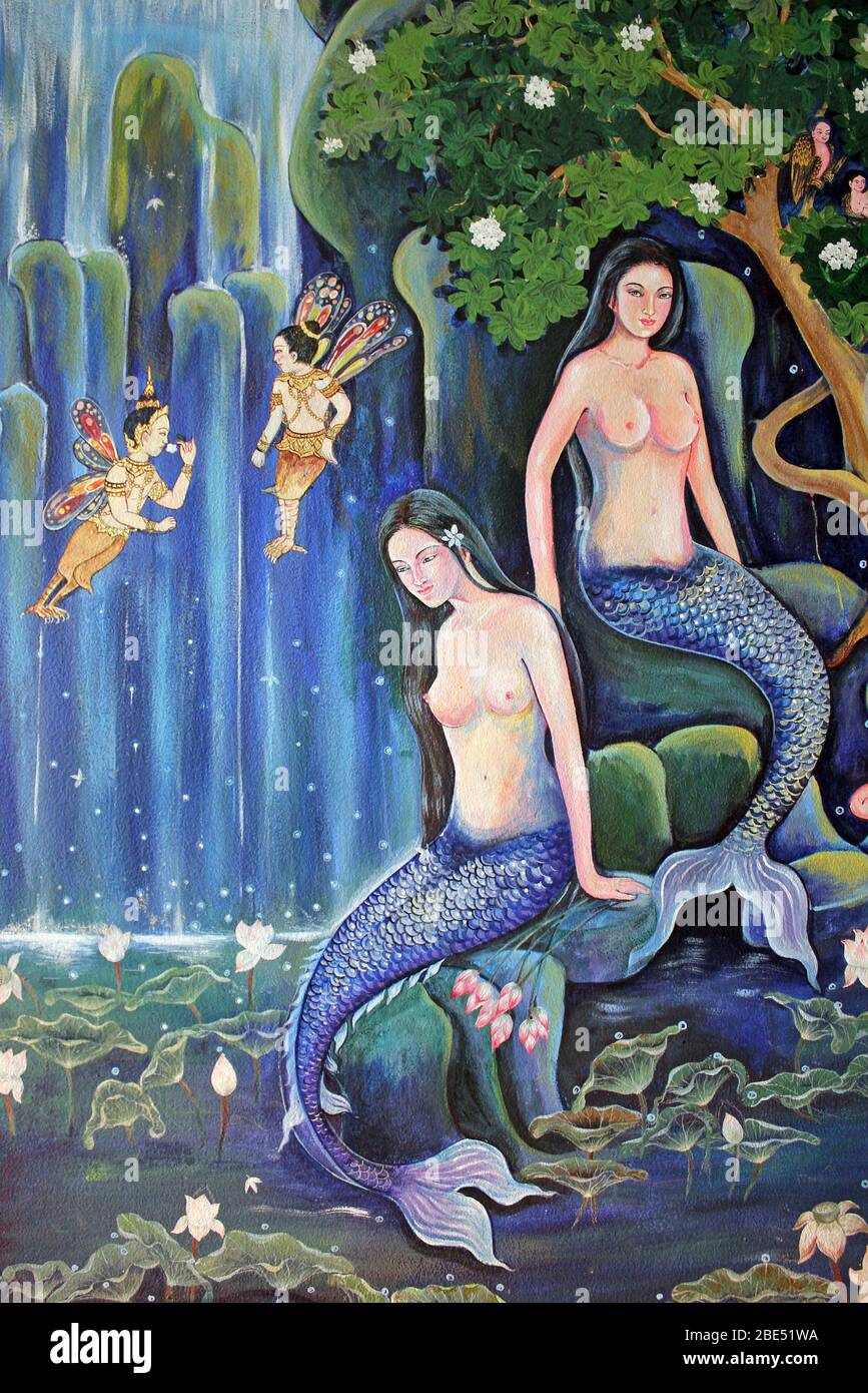 Thai Painting of Himmavanta a legendary forest which surrounds the base of Mount Meru in Hinduism full of mythical creatures Stock Photo